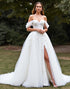 Off the Shoulder Appliqued Tulle White Wedding Dress with Slit