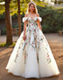 Off the Shoulder White Floral Sweep Train Tulle Wedding Dress