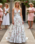 White Floral A Line Spaghetti Straps Sweep Train Wedding Dress