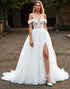 Off the Shoulder Tulle Appliqued White Wedding Dress with Slit
