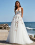 White A Line Tulle Sweep Train Floral Wedding Dress