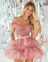 Blush Off The Shoulder Ruffled Homecoming Dress with Appliques