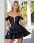 Off The Shoulder Tiered Ruffled Satin Black Homecoming Dress