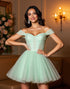 Light Green Off The Shoulder Corset Homecoming Dress with Appliques