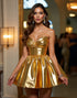Golden Strapless Metallic Ruched Homecoming Dress