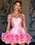 Off The Shoulder Satin Pink Homecoming Dress with 3D Flowers