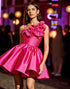 Ruched Fuchsia Satin Homecoming Dress with 3D Flowers