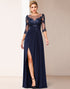 Navy A Line Ruched Illusion Neck Mother Of The Bride Dress