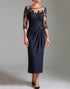 Navy Ruched Illusion Neck Mother Of The Bride Dress with Appliques