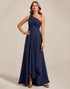 One Shoulder Appliqued Navy A Line Formal Dress