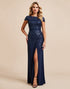 Navy Appliqued Mother Of The Bride Dress with Slit