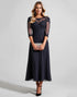 Navy Ruched A Line Midi Mother Of The Bride Dress