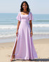 Lilac Chiffon Square Neck A Line Bridesmaid Dress with Slit