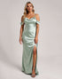 Satin Cold Shoulder Sage Green Bridesmaid Dress with Slit