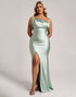 Satin Plus Size Sheath Sage Green Bridesmaid Dress with Slit