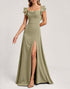Olive Chiffon Ruffled Bridesmaid Dress with Slit