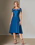 A Line Illusion Neck Appliqued Peacock Blue Mother Of The Bride Dress
