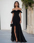 Off The Shoulder Mermaid Ruffled Black Tie Dress with Slit