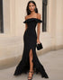 Mermaid Off The Shoulder Ruffled Black Tie Dress with Slit