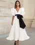 A Line V-Neck Ruffled White Dress with Bow
