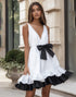 A Line Ruffled V-Neck Little White Dress with Bow