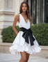 A Line V-Neck Ruffled Little White Dress with Bow