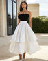 Strapless Ruffled A Line Tiered Midi White Dress