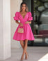 Hot Pink A Line V-Neck Ruffled Graduation Dress