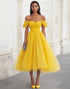 Off the Shoulder A Line Tulle Yellow Prom Dress