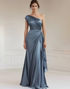 One Shoulder Grey Blue Ruched Formal Dress