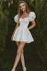 Satin White A Line Graduation Dress with Puff Sleeves