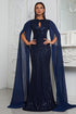 Sparkly Navy Mermaid Formal Dress with Long Sleeves