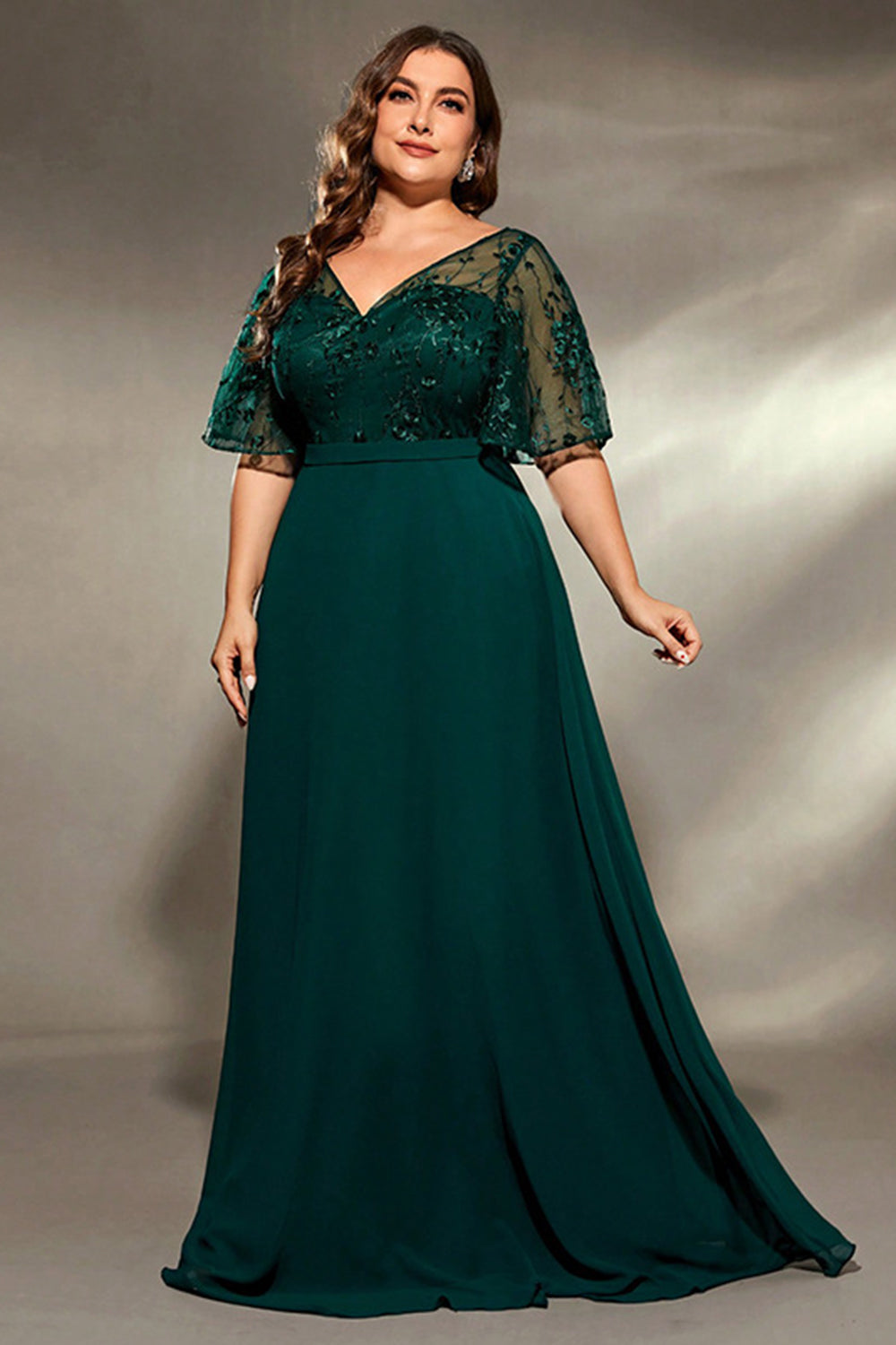 Dressself Women Plus Size Mother Of The Bride Dress Appliqued Green A Line V Neck Formal Dress with Flutter Sleeves Dressself Women Plus Size Mother Of The Bride Dress Appliqued Green A Line V Neck Formal Dress with Flutter Sleeves