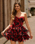 Black Red Floral Corset A-Line Strapless Tiered Ruffle Homecoming Dress