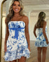Strapless Blue Floral Tight Ruffled Short Homecoming Dress with Bow