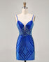 Royal Blue Bodycon V-Neck Homecoming Dress With Beading