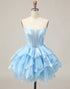 Blue A-Line Strapless Tiered Ruffle Homecoming Dress