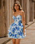 White Blue Floral Strapless A Line Corset Cut Out Homecoming Dress with Bow