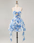 White Blue Flower A-Line Pearl Beaded Cut-Out Homecoming Dress With Ruffles