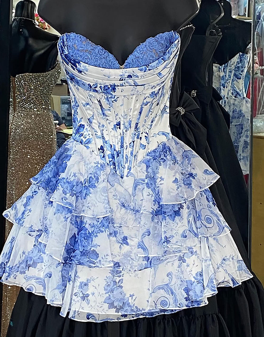 Dressself Women White Blue Flower Short Homecoming Dress Corset Tiered Sweetheart A Line Ruffled Cocktail Dress Dressself Women White Blue Flower Short Homecoming Dress Corset Tiered Sweetheart A Line Ruffled Cocktail Dress