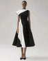 Black and White One Shoulder A Line Midi Cocktail Dress