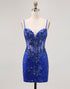 Royal Blue Bodycon Sheer Corset Homecoming Dress with Sequins