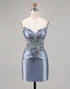 Grey Blue Appliqued Corset Satin Homecoming Dress