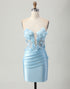 Sky Blue Satin Bodycon Strapless Sequins Short Homecoming Dress with Appliques