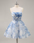 White Blue Flower A Line Corset Homecoming Dress