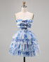 A Line Strapless Tiered Corset White Blue Flower Homecoming Dress with Lace Up Back
