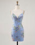 Floral Blue Appliqued Homecoming Dress with Sequins