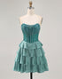 Peacock Green A-Line Corset Strapless Tiered Homecoming Dress with Rhinestones