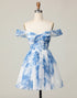 Printed White Blue Flower Off The Shoulder Homecoming Dress