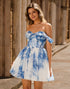 Off The Shoulder Printed White Blue Flower Homecoming Dress